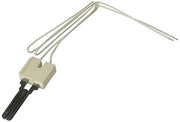 White and black hot surface ignitor with ceramic base and dual heating element leads.