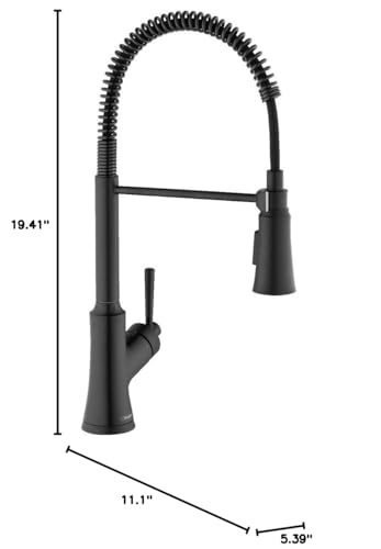 Matte black semi-pro kitchen faucet with coiled spray hose, single handle, and curved spout, 19.41 inches tall.