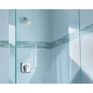 Chrome shower trim with round showerhead and single handle control valve mounted on tiled bathroom wall.