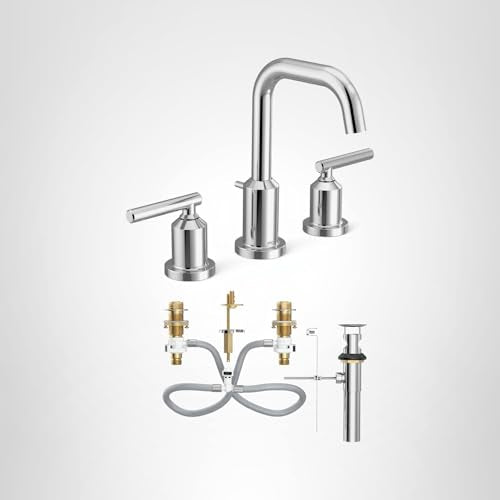 Chrome two-handle high arc widespread bathroom sink faucet with lever handles and matching valve assembly components.