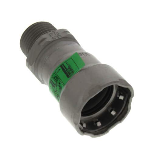 Gray metal press adapter with male threads on one end, green identification band, and black press coupling socket on opposite