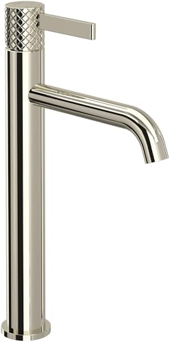 Single-handle tall bathroom faucet in polished nickel with textured cylindrical body and curved spout.