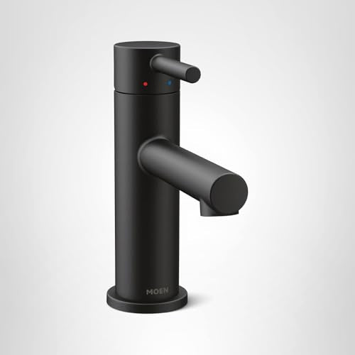 Matte black single-handle bathroom faucet with cylindrical body, curved spout, and control indicators.