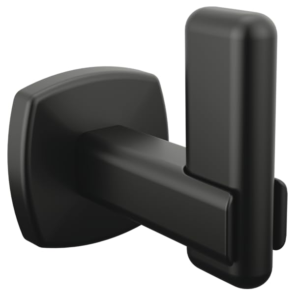 Matte black robe hook with rounded square wall plate and curved horizontal arm for hanging.