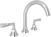 Polished chrome widespread lavatory faucet with curved C-spout and two lever handles on cylindrical bases.