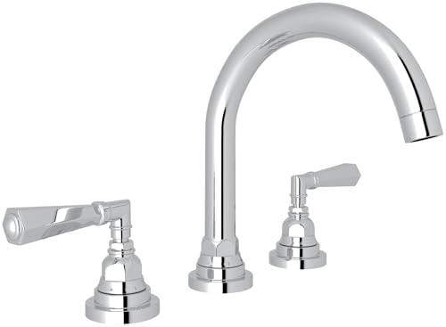 Polished chrome widespread lavatory faucet with curved C-spout and two lever handles on cylindrical bases.