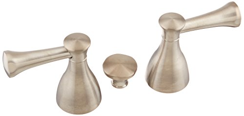 Stainless steel bathroom faucet set with two lever handles and teardrop-shaped spout in brushed nickel finish.