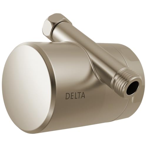 Brushed nickel cylindrical shower filter attachment with outlet port and adjustment valve on top.