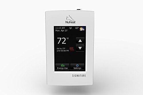 White Nuheat floor heating thermostat with black touchscreen displaying 72°F temperature and control buttons.