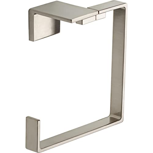 Brushed nickel towel ring with rectangular loop design and wall-mounted bracket hardware.