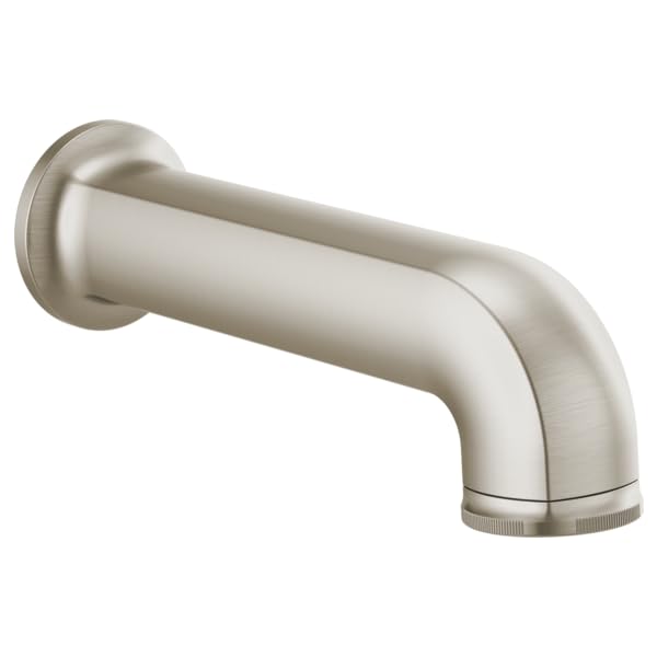 Brushed nickel tub spout with curved design and wall-mounted circular flange.