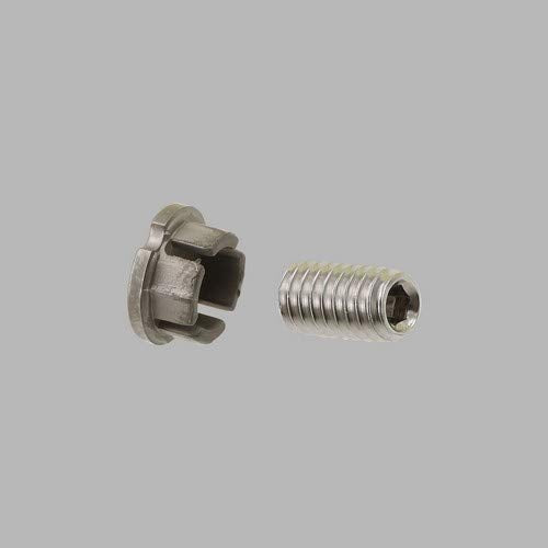 Stainless steel set screw with button head and hex socket on neutral background.