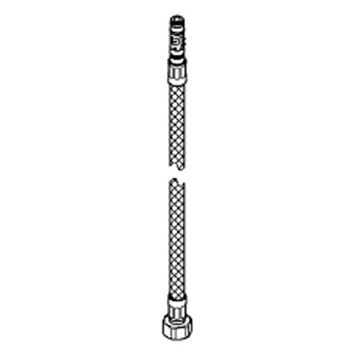 Chrome flexible hose with braided mesh covering and threaded connectors at both ends.