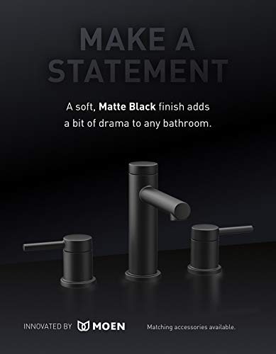 Moen Gibson matte black two-handle deck-mounted Roman tub faucet with tall center spout and matching controls.