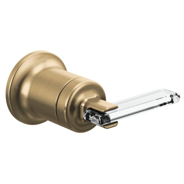 Brushed gold wall-mount faucet lever handle with clear glass trim and cylindrical body.