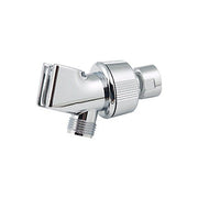 Chrome shower arm mount with adjustable angled holder for hand shower head and threaded connection.