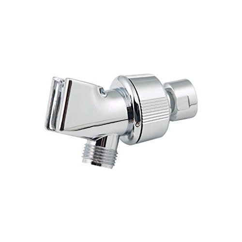 Chrome shower arm mount with adjustable angled holder for hand shower head and threaded connection.