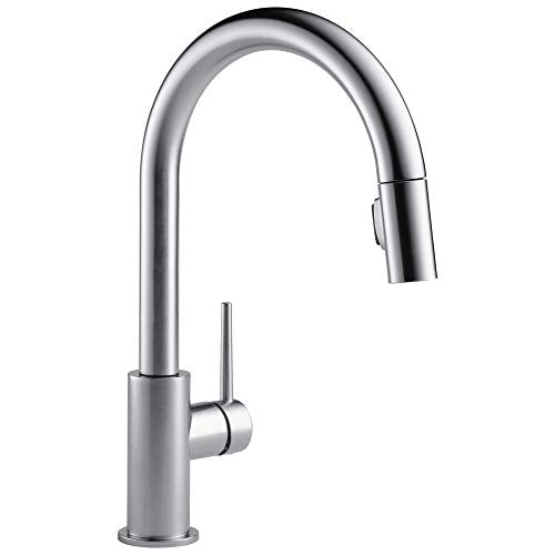 Chrome pull-down kitchen faucet with single handle and curved spout against white background.