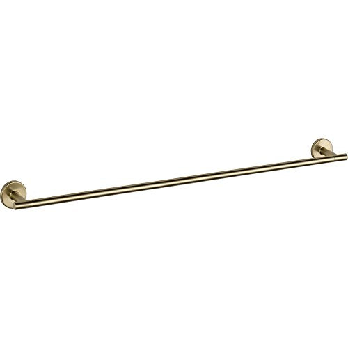 Brushed gold towel bar with circular wall mounts on each end, 30 inches long.