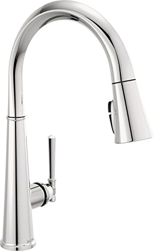 Chrome single handle pull down kitchen faucet with curved spout and spray head.