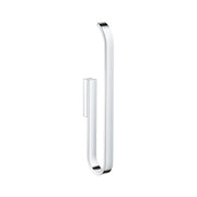 Chrome paper holder with curved open loop design and rectangular mounting bracket.