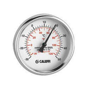 Caleffi dual temperature gauge with black needle indicator, white dial face with dual scales in Fahrenheit and Celsius.