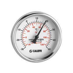 Caleffi dual temperature gauge with black needle indicator, white dial face with dual scales in Fahrenheit and Celsius.