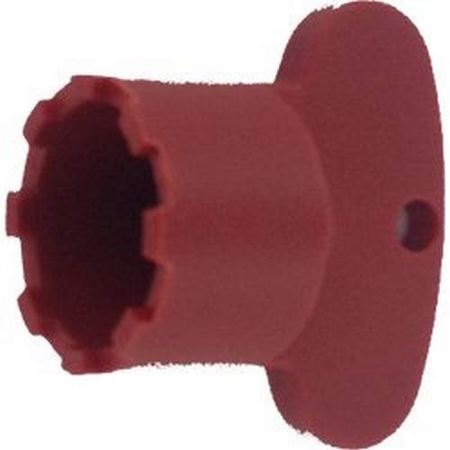 Red plastic aerator wrench with cylindrical body and notched socket head for faucet installation.