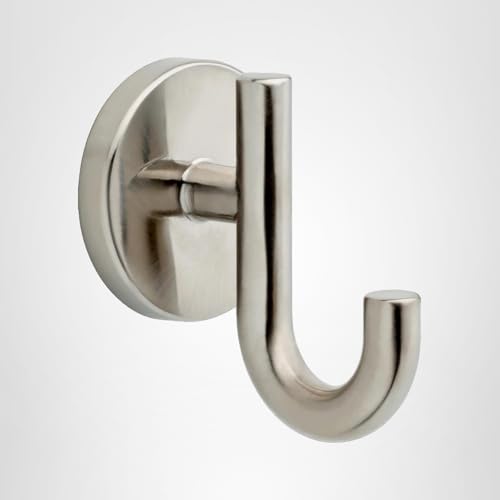Brushed nickel robe hook with curved J-shaped design and round wall-mounted backing plate.