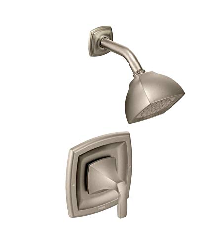 Gold-finish shower trim kit with curved showerhead, wall mount, and lever handle control.