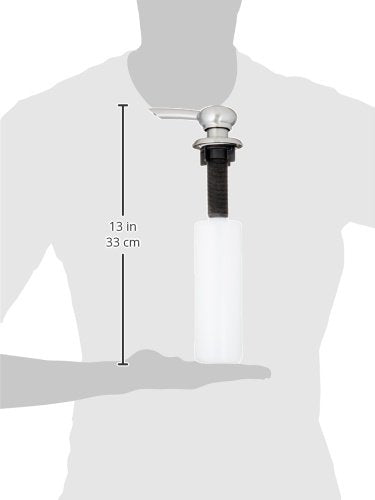 Stainless steel soap dispenser with white cylindrical bottle and black pump top, measuring 13 inches tall.