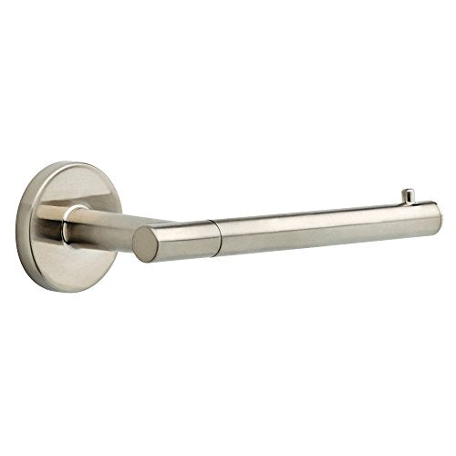 Brushed nickel tissue holder with cylindrical bar and round wall-mounted plate.