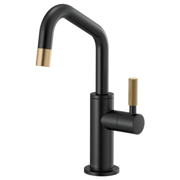 Black beverage faucet with angled spout, knurled brass handle, and cylindrical base.