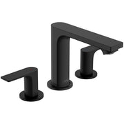 Matte black three-piece widespread bathroom faucet with cylindrical spout and two lever handles on round bases.