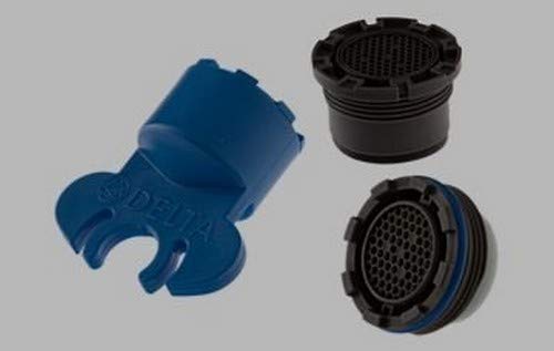 Blue plastic aerator wrench with black aerator cartridges featuring mesh screens and blue rubber seals.