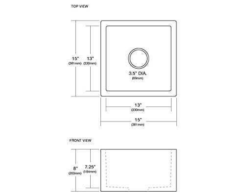Top and front dimensional views of rectangular ash bar sink with 3.5-inch drain opening.