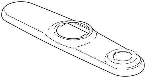 Chrome kitchen faucet escutcheon with two circular openings for main spout and side spray connection.