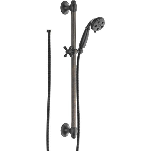 Matte black slide bar hand shower with adjustable height bracket, mounting hardware, and flexible hose.