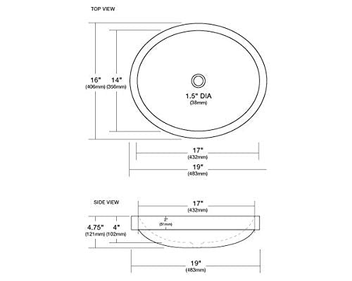 Oval bathroom sink with 1.5-inch drain opening, measuring 19 inches wide and 17 inches deep, shown in top and side views.