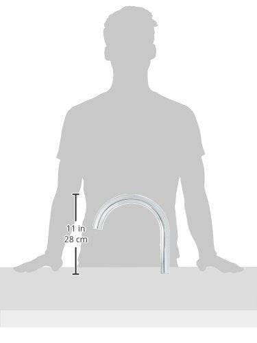 Chrome kitchen faucet spout assembly with curved arc design, shown at 11 inches tall next to silhouetted figure for scale.