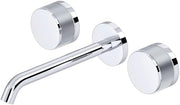 Polished chrome wall-mount lavatory faucet trim with curved spout and two circular handle knobs.