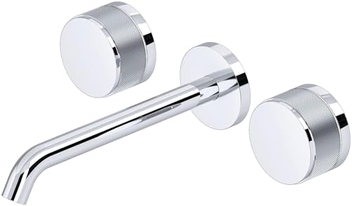Polished chrome wall-mount lavatory faucet trim with curved spout and two circular handle knobs.