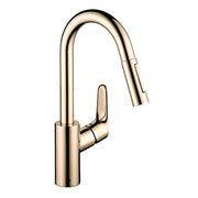 Polished nickel pull-down kitchen faucet with high arched spout and single lever handle.