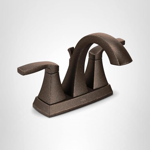 Oil rubbed bronze two-handle bathroom faucet with high arc spout and rectangular base.