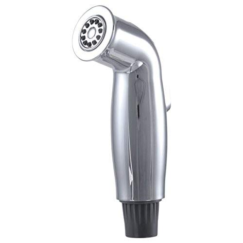 Chrome finish handheld spray assembly with circular showerhead and black rubber grip handle.