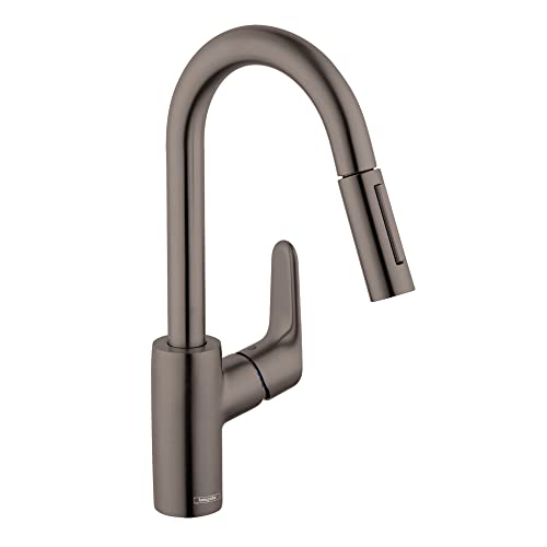 Brushed black chrome kitchen faucet with tall curved spout and pull-down spray head.