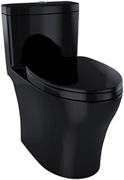 Black one-piece elongated toilet with integrated seat and skirted base design.