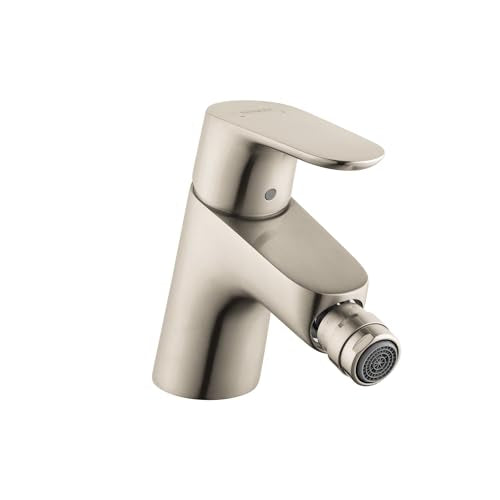 Brushed nickel single-hole bidet faucet with lever handle and spray outlet.