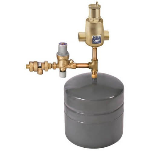 Brass boiler trim kit with gray expansion tank, pressure relief valve, and backflow preventer assembly.