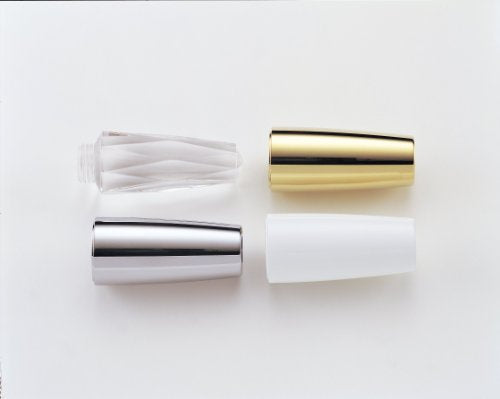 Four cylindrical handle components in chrome, brass, white plastic, and clear materials arranged in a grid layout.